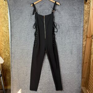 Kaylee Kollection Jumpsuit Womens M Black Lace Up Side Front Zip Edgy Sleek